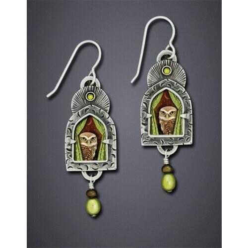 Vintage Olive Green Pearl Owl Long Earrings for Women Ancient Egypt Tribal Window Curtains Beaded Crystal Statement Earrings