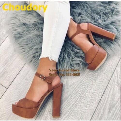 Choudory Suede Chunky High Heels Brown Sky Blue Platform Open Toe Sandals Buckle Strap Party Shoes Women Runway Pumps Size46