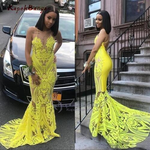 Yellow Sequines Mermaid Prom Dresses Long Sleeve Sweep Train Formal Wear Sequined African Evening Gowns
