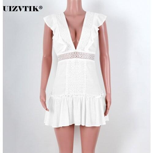 Women Summer 2021 Sexy Deep V Neck Backless Party Dresses White Lace Ruffle Slim Casual Hollow Out Boho Beach A Line Woman Dress