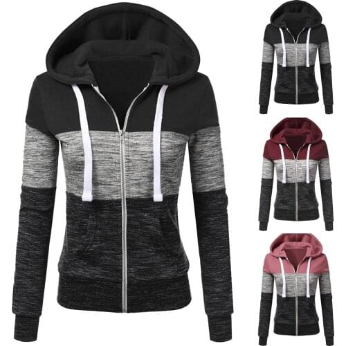 Women Patchwork Hooded Sweatshirt Autumn Spring Hooded Jacket Ladies Zip Pocket Drawstring Sweatshirts Casual Long Sleeve Tops