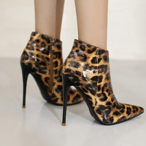 Sexy Leopard Print Stiletto Ankle Boots Fashion Patent Leather High Heel Women Boots Autumn Winter Woman Shoes Big Size 41 42 43