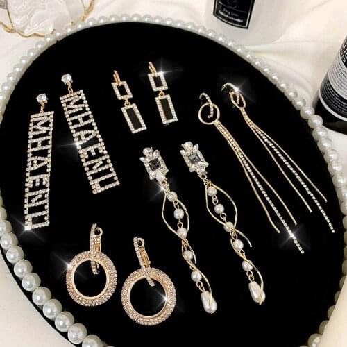Origin Summer Bling Bling Rhinestone Hollow Out Letter Circle Long Tassel Earings for Women Korean Fashion Pearl Jewelry Gifts