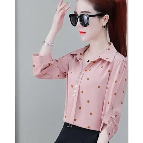 Women Spring Summer Style Chiffon Blouses Short Lady Casual Half Sleeve Turn-down Collar Polka Dot printed Blusas Tops ZZ0301