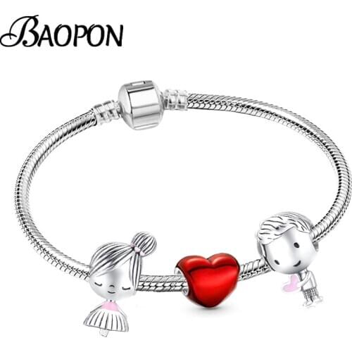 2021 New Romantic Heart Enamel Charm Bracelets With Silver Color Boy & Girl Beads Bracelets for Women Valentines Day Jewelry