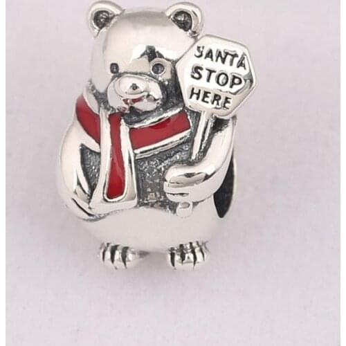 Christmas Polar Bear Charm fit Lady Bracelet Bangle Red Enamel Authentic S925 DIY Jewelry