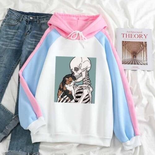 XS-3XL Europe Oversize Print Cat and Skeleton Hoodies Ladies Autumn Winter 2021 Long Sleeve Fleece Thick Warm Women Sweetshirts