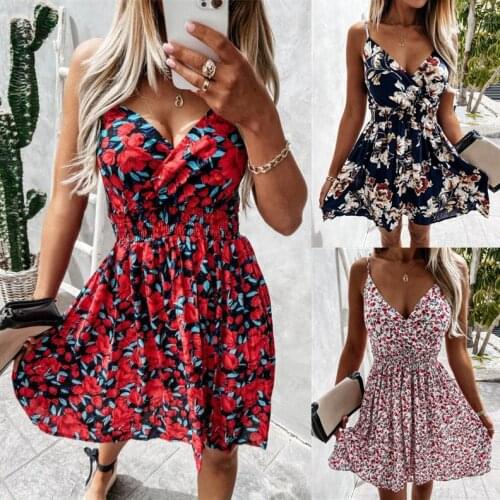 Sling Dress Retro Floral Prints Elastic Waist Mini Dress Women Sexy Deep V Neck Sleeveless Summer Backless Lady Dresses A-line