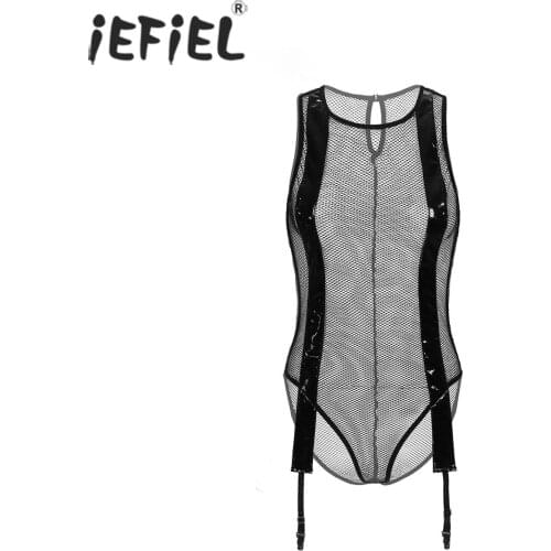 Women See-through Mesh Sleeveless Lingerie Bodysuit Mock Neck Patent Leather Underwire Leotard with Garter Belt For Night Club
