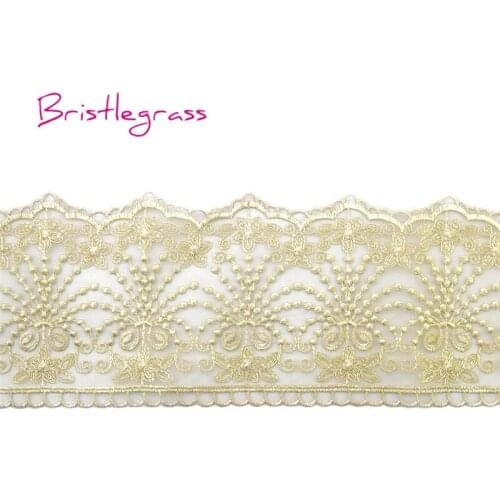 BRISTLEGRASS 1 Yard Gold Embroidered Flower Vine Tulle Mesh Lace Trim Applique Patches Bridal Wedding Dress Costume Sewing Craft