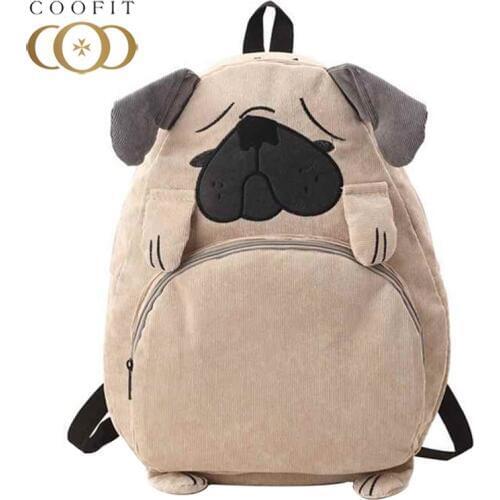 Coofit Women Backpacks Embroidery Corduroy Cute Animal Print Girls School Bag Casual Bagpack Mochila Fox Cartoon Cute Female Bag