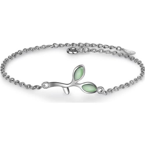 Elegant Green Leaves Buds Opal Adjustable Bracelets for Women Girlfriends Fine 925 Sterling Silver Jewelry Gifts Regalo SB111