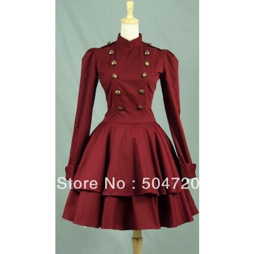Custom-made red cotton long sleeve Classic Gothic school Lolita Dress/victorian dress cosplay Size US 6-26 XS-6XL V-922