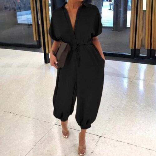Summer Women Rompers Ladies Lapel Romper Leisure High Waist Solid Color Simple Jumpsuit Loose Wide Leg Pants Casual Jumpsuits