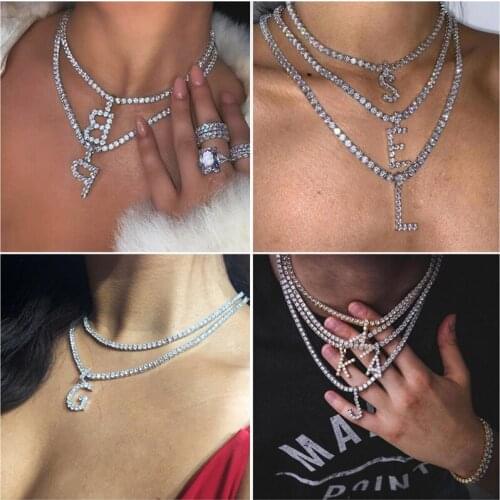 Cubic Zircon 26 Alphabet Pendants Gold Silver plated necklace for women gold Unisex necklace Hiphop/Rock Long Chain Shinning