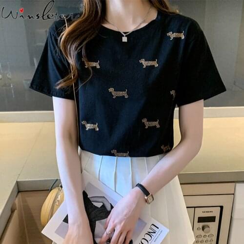 Summer 2021 Short Sleeve T-shirt Women Cute Dachshund Beading Diamonds Casual Tops Tees White Black S-XXL T16701A