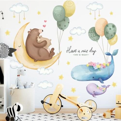 Cartoon Childrens Room Stickers Moon Starry Sky Whale Hot Air Balloon Self-adhesive Wall Paper Background Painting