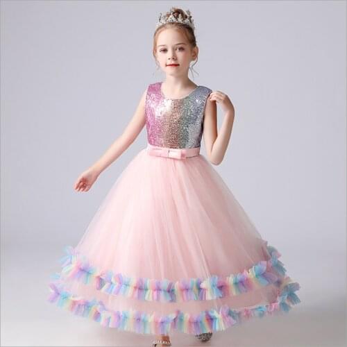 Kids Girl Bridesmaid Dresses Lace Flower Girl Summer Sequin Party Dress Long Formal Prom Dress Children Evening Clothes