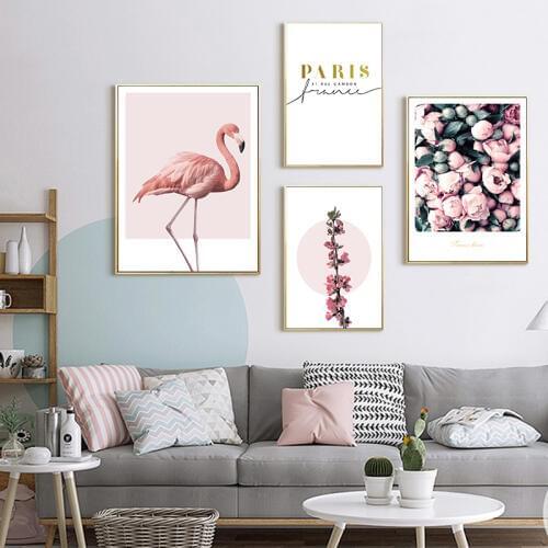 Nordic Style Flamingo Flower Wall Art Canvas Poster And Print Pink Minimalist Decorative Painting Picture Living Room Decoration
