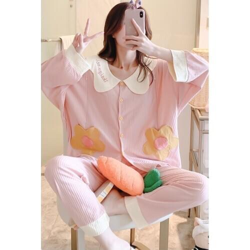 New hidden breastfeeding pajamas 100% cotton pit strip confinement long-sleeve flowers postpartum maternity clothing home servic