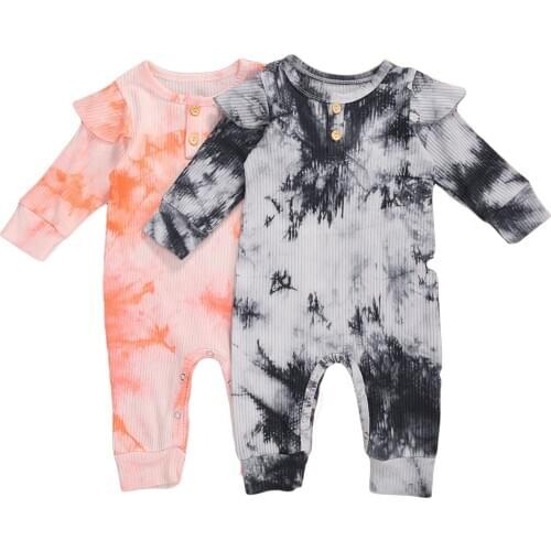 2020 New Fall Autumn Infant Baby Girls Tie-Dye Printing Long Sleeve Romper Button Design Ribbed Cotton Clothing