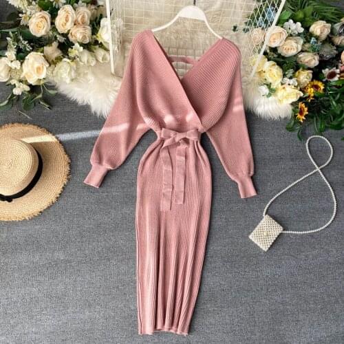 2021 Autumn Winter Black Women Sexy Knitted Dress Vintage High Waist Slim Casual Bright silk Dress Vestido