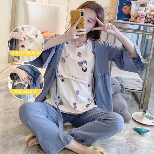 3PCS/Set Cotton Maternity Nursing Pajamas Spring Autumn Feeding Nightwear Clothes for Pregnant Women Loose Pregnancy Sleepwear