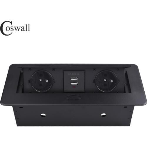 COSWALL Zinc Alloy Plate 16A Slow POP UP 2 French Polish Socket Dual USB Charge Port 2.1A Office Table Outlet Matte Black Cover