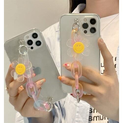 Clear Smiley Flower Gradient Chain Phone Case For iPhone 12 Pro Max 11 Pro Max XS Max XR 6 7 8 Plus Bracelet Soft Silicone Cover