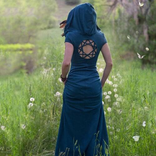 Retro Kaleidoscope Back Hollow Hooded Dress Forest Elf Gypsy Robe Dress Romantic Straight Holiday Dress Bohemian Casual Dress