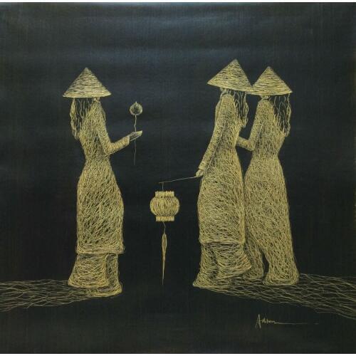 Hand Painted Oil Painting on Canvas Palette Knife Net Shape Vietnamese woman Canvas Painting Wall Art Picture for Living Room