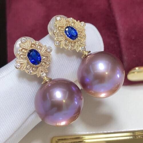D307 Fine Jewelry Pure 18 K Gold 10-11mm Natural Fresh Water Purple Pearls Earrings for Women Fine Pearl Earrings