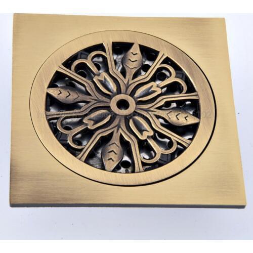 Shower Drains 10*10cm Square Bath Drains Strainer Hair Antique Brass Art Carved Bathroom Floor Drain Waste Grate Drain zhr079