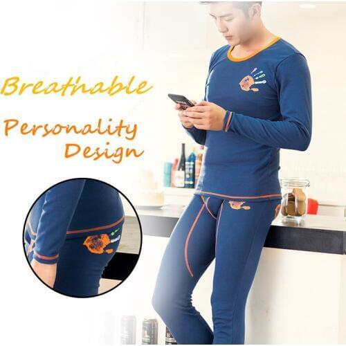 Mens Low Waist Full Plaid Cotton Combed Thermal Sets Handprint Printing First Grade Long Johns(for A Set)