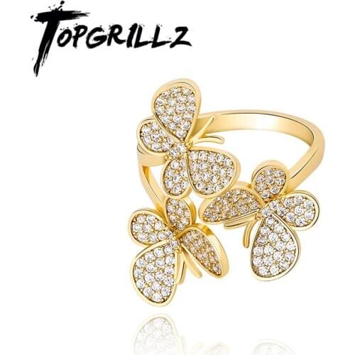 TOPGRILLZ 2020 New Butterfly Ring High Quality Copper Ring Iced Out Cubic Zirconia Hip Hop Fashion Jewelry For Gift Adjustable