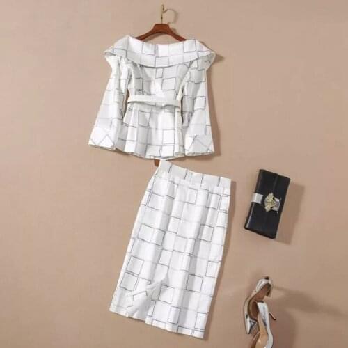 High Quality Womens Set 2021 Spring Business Suit Woman Notched Collar Geometric Print Blazer Coat+Midi Pencil Skirt Sets 2pc