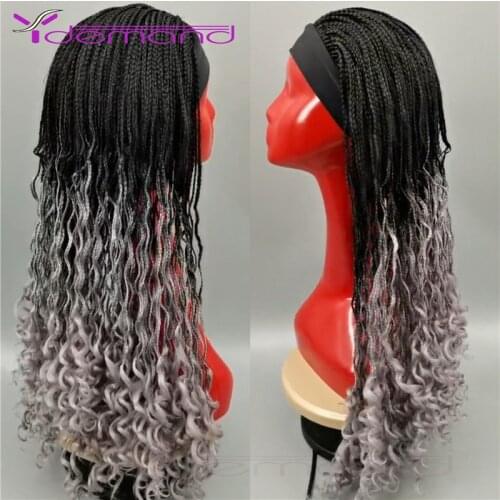 Y Demand Headband Wig BOX Braided Wigs With Curly Faux Locs Crochet Hair for Black Women Ombre 26 Inch Long Synthetic Braids Wig