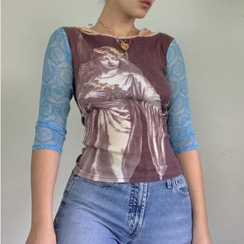 Y2K Fairy Angel Printe T-shirt 90s Vintage Grunge Autumn Patchwork Mesh Cropped Top Women Sweats Tees Harajuku Female Clothes