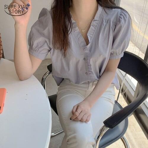 Fashion V-neck Short Sleeve Sweet White Blouse Korean Summer Women Tops Ruffles Button Up Loose Puff Sleeve Shirt Blusas 14145