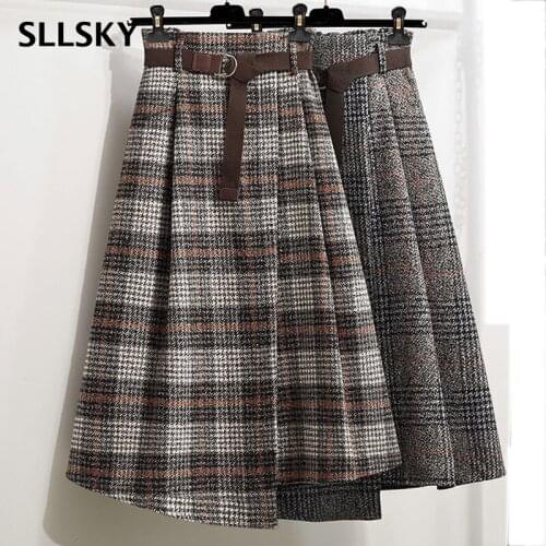 SLLSKY Vintage Plaid Skirt Women Hight Waist Irregular A-line skirt 2021 Autumn New Oversized Mid-Length Female Sashes Skirts