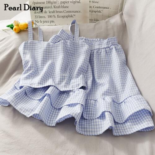 Pearl Diary Women Plaid Sets Ladies Two Pieces Back Smocked Spaghetti Crop Tops And Ruffle Mini Skirts Female Summer Sweet Sets
