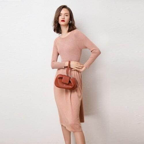 Elegant Autumn Winter Cashmere Women Sweater Dress Knee-Length Long sleeve Midi Dress A-Line O-Neck Rib Knitted Dresses Female