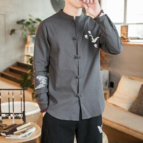 2021 Traditional Chinese Men Retro Casual Shirt Cotton Tops Male Stand Collar Embroidery Kung Fu Clothes Tunic Tang Suit 30759