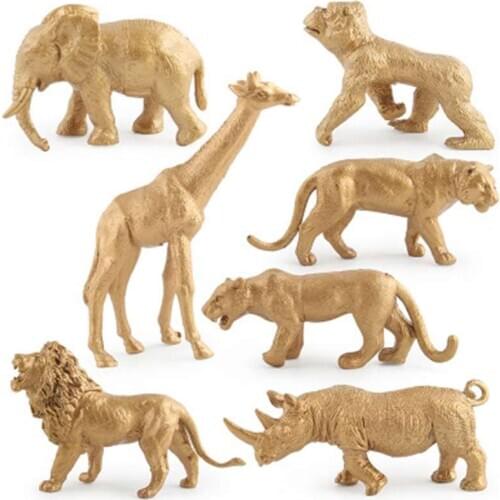 7Pcs Simulation Gold Wild Animals Model Toys Lion Rhino Action Figures Educational Toy for Children Kid Funny Toy Figures Gifts