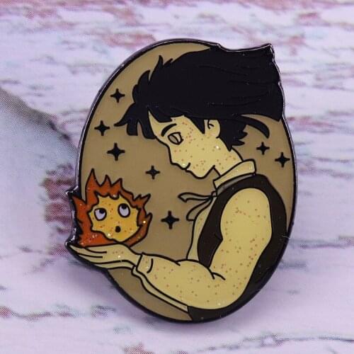 Howls Moving Castles Hard Enamel Fire Demon Brooches Women Men Lapel Pin Backpack Bags Hat Badge Metal Figure Alloy Unique Gift