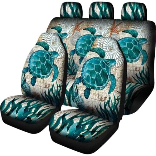 Aimaao Vintage Sea Turtle Print Car Seat Cover Full Set of 4, Underwater World Animal Front and Rear Seat Protector Great