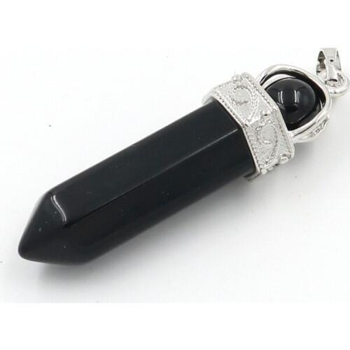 Black Agates Silver Plated Hexagon Column Pendant with Small Bead Green Aventurine Jewelry