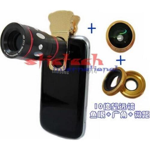 By dhl or ems 10pcs 4 in 1 Universal Fish Eye Wide Angle Macro Lenses 10X Telescope Clip lens For iPhone5 5S 6 Plus Samsung