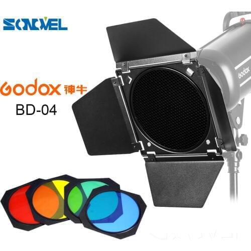 Godox BD-04 Barn Door + Honeycomb Grid + 4 Color Filter for Standard Reflector Free Shipping