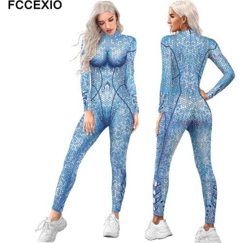 FCCEXIO Role Play Mermaid Sequins Pattern 3D Print Sexy Bodysuits Women Plus Size Long Sleeve Cosplay New Party Hot Jumpsuits